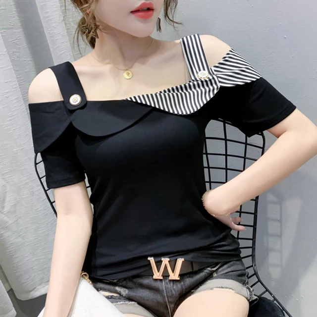 #5929 Summer Off Shoulder T-Shirts For Women Spliced Color Slash Neck Sexy T-shirt Femme Short Sleeved Basic T Shirt Woman Short Black