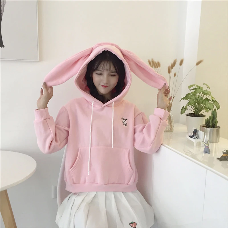 Толстовки с заячьими ушками Sudadera Kawaii Толстовка Женская Белая теплая розовая толстовка с передним пуловеры с карманом Японская уличная