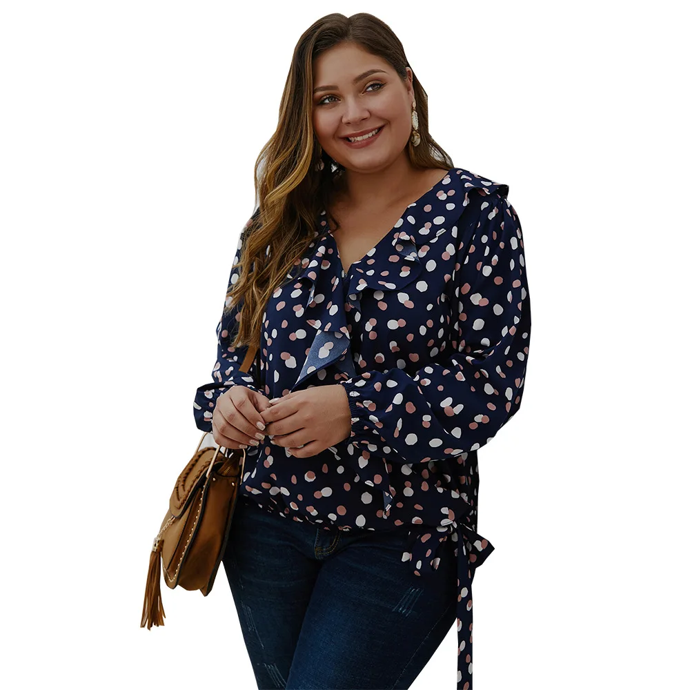 

Polka dot printed Elegant plus size Women Chiffion Blouse Autumn Ruffled neck tied side Women Tops Long Sleeve casual blouses