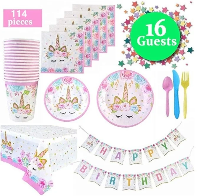

Unicorn Party Supplies Set for 16 Guests-Birthday Party Packs for Girls 114 Pieces Unicorn Party Decorations for kids