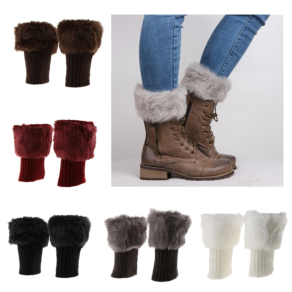 1 Pair Women’s Fuzzy Fluffy Knit Boots Cuff Sleeves Fur Trim Toppers Autumn Winter Leg Warmer elastic band  firmly wrapping leg