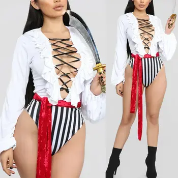 

Sexy Women Pirate Costume Female Halloween Deep V Cool Party Dress Jack Sparrow /BY