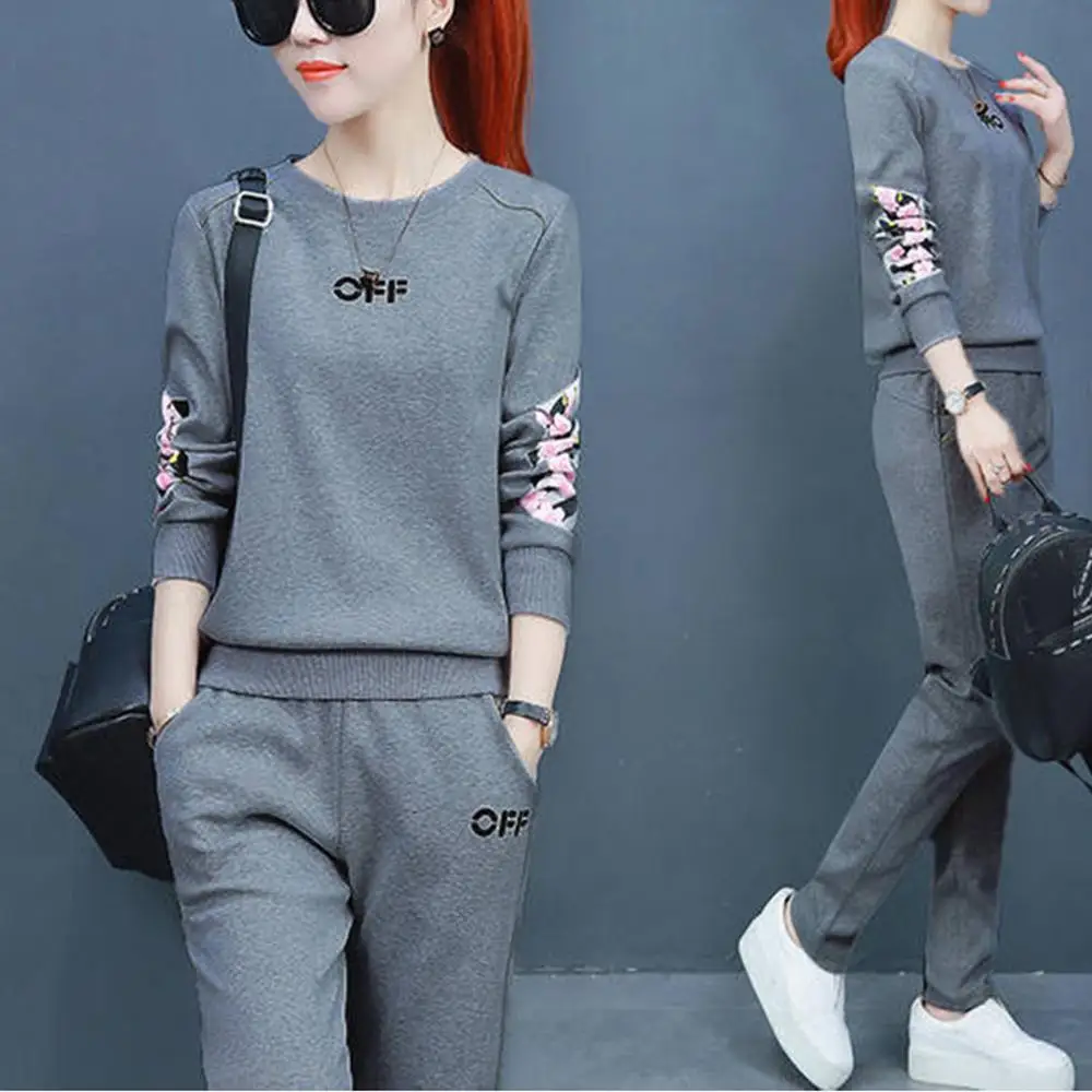 Women Casual Sport Set Outdoor Running Tracksuit Long Sleeves O-neck Letter Printing Slim Top and Pants Suit Female gym clothes