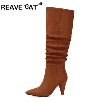 

REAVE CAT women winter shoes stretch pleated knee Boots strange high heels 9cm flock pointed toe slip on bootie brown black red