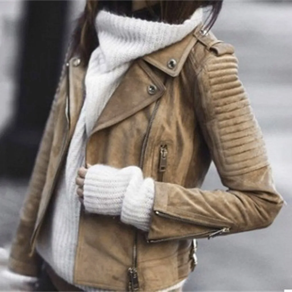

Women's Zip Belted Jacket Plus Size Women Vintage Leather Zipper Short Simple Motorcycle Slim Coat Retro Vintage Leather Jacket