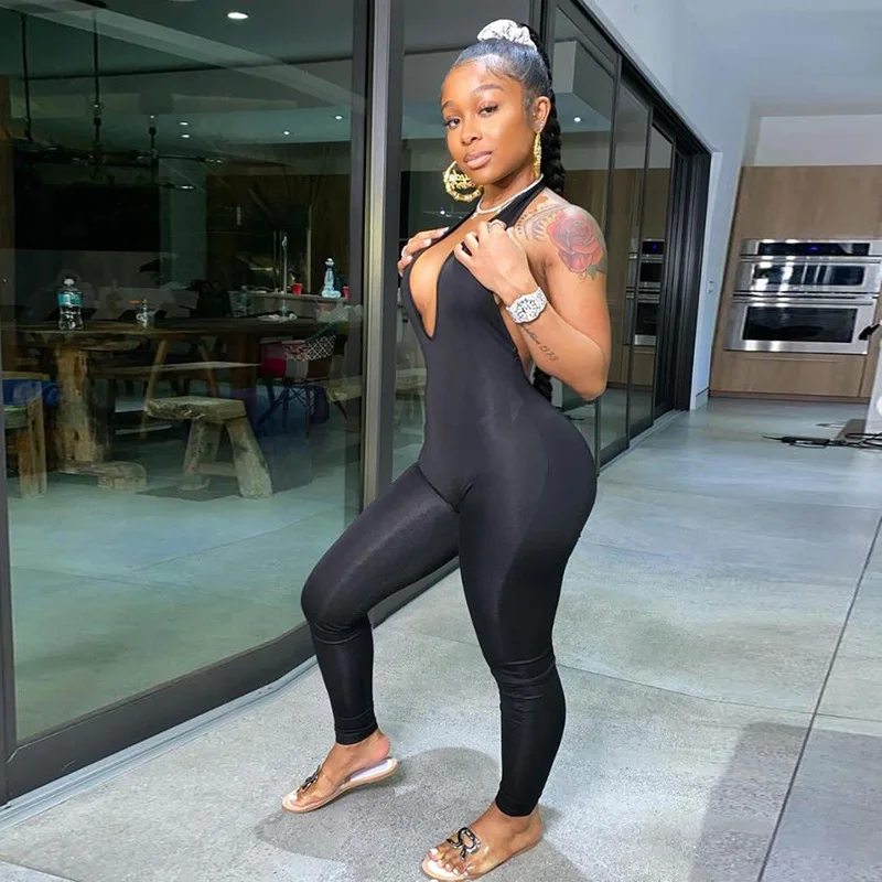 HIGAREDAWomen Backless Sexy V-neck Jumpsuit Halter Fitness Tracksuit Sleeveless Full Length Rompers Stretchy Skinny Summer 2020