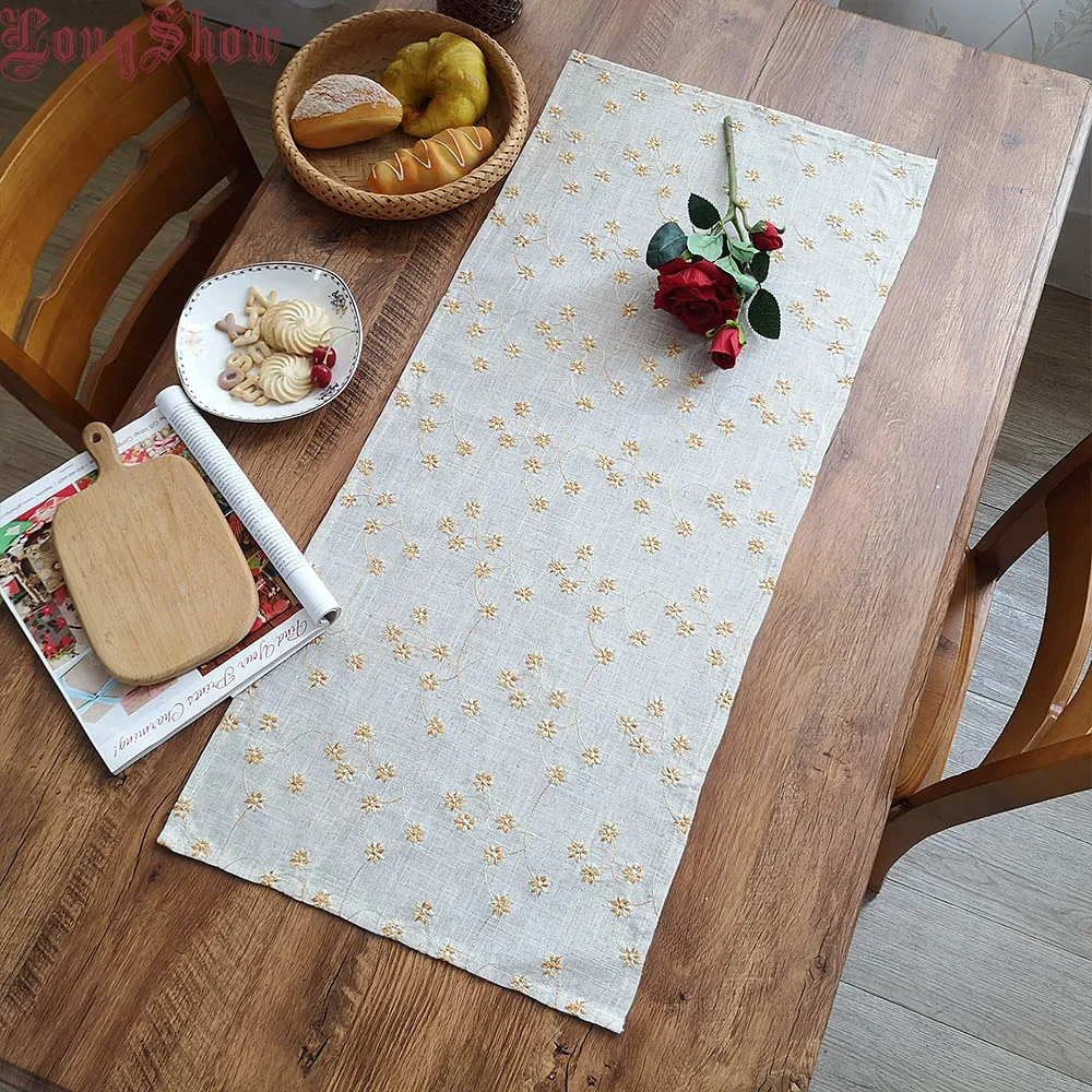

Home Christmas Decorative 40x90cm Household Lovely Gold/Green Stars Embroidered Linen Table Runner