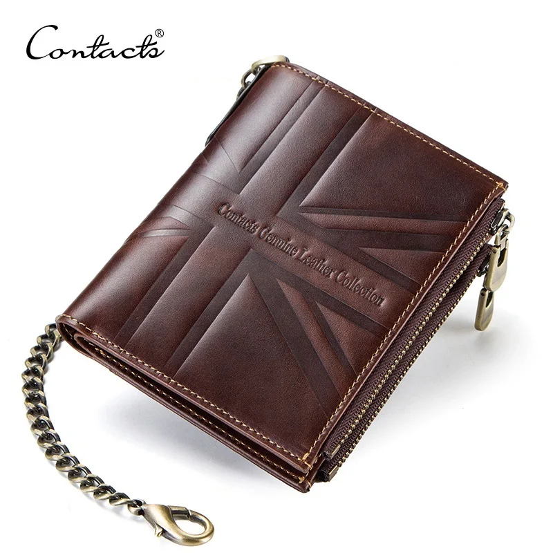 

Contacts Men's RFID Blocking Genuine Leather Wallet Short Coin Purse with Anti-theft Chain