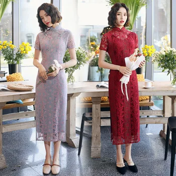

New Arrival Vintage Print Flower Lace Cheongsam Bride Wedding Dress Gown Autumn Sexy Long Elegant Qipao