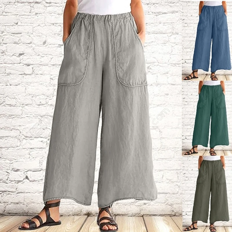 Wide Leg Pants Women Autumn Elastic Waist Loose Cotton Linen Trousers Pants Oversize Pockets Wide Leg Pant Female Streetwear