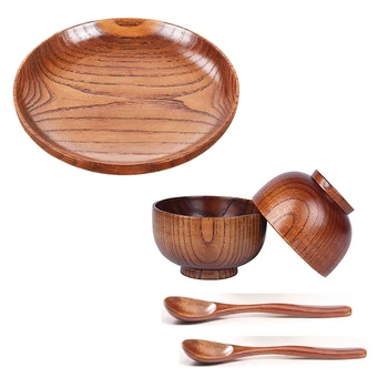 

4 Pcs Wooden Handmade Bowl and Spoon & 1 Pcs Tableware Household Smooth Wooden Bread Dish Tray
