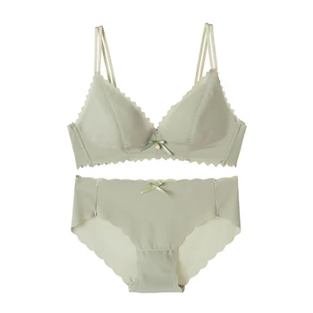 

Fashion Sexy Smooth No Trace One-piece No Steel Ring Bra Set Bow Pearl Bra Briefs Two-piece New Green Set