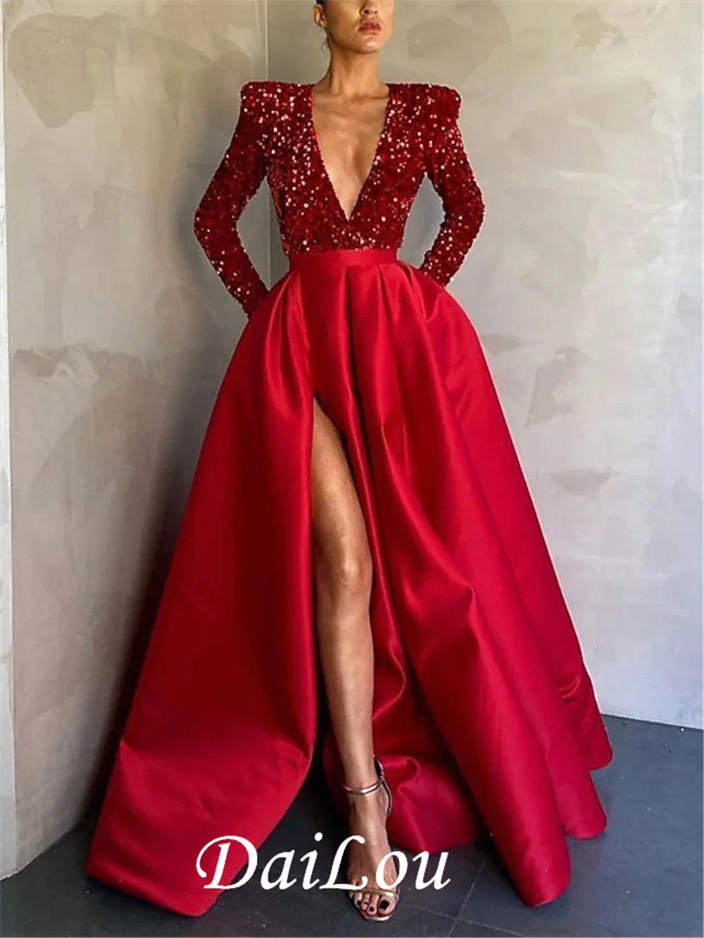 A-Line Sparkle Party Wear Formal Evening Dress V Neck Long Sleeve Floor Length Satin Sequin With Crystals Split 2022