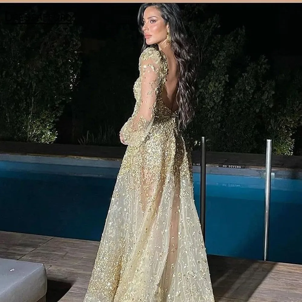2022 Dubai Design Sequined Beaded Evening Dress A-Line Long Sleeves Luxury Formal Party Wear Gown | Свадьбы и торжества