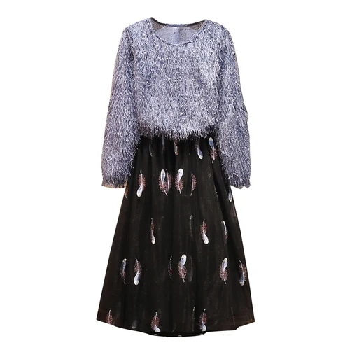 Модный комплект из двух предметов, осень, Женский однотонный пуловер с кисточками, топ+ длинная сетчатая юбка с вышивкой из перьев