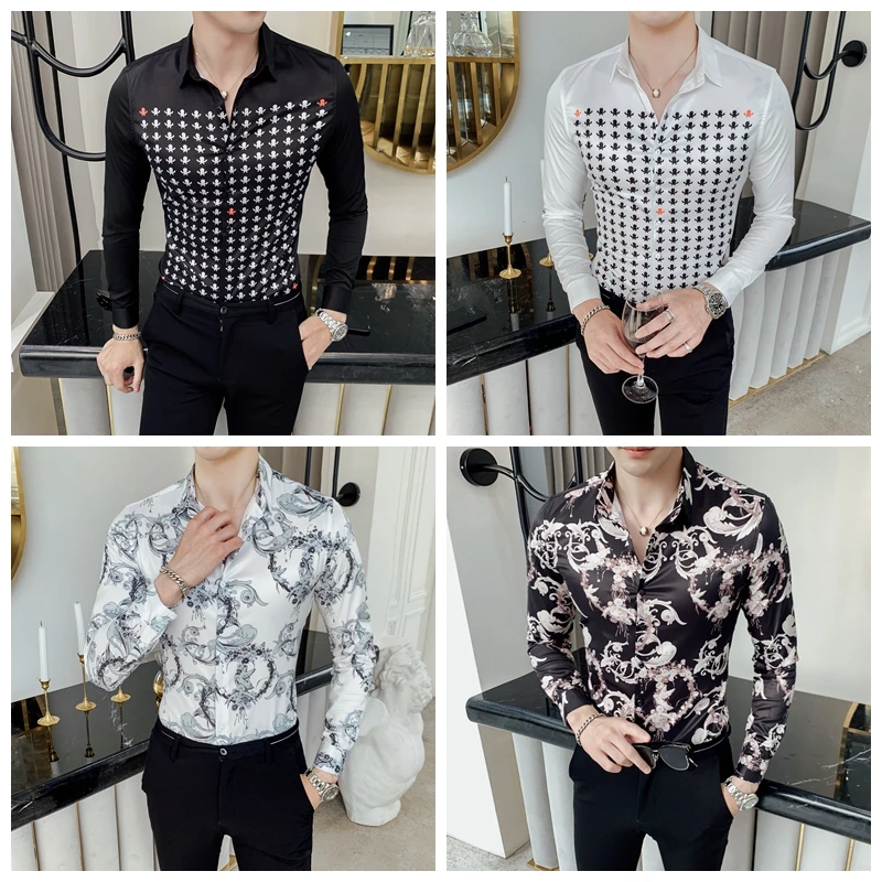 Осенняя рубашка с цветочным принтом, Мужская Клубная рубашка с длинным рукавом, приталенная необычная рубашка, повседневные рубашки для мужчин, Camisa Social Masculina