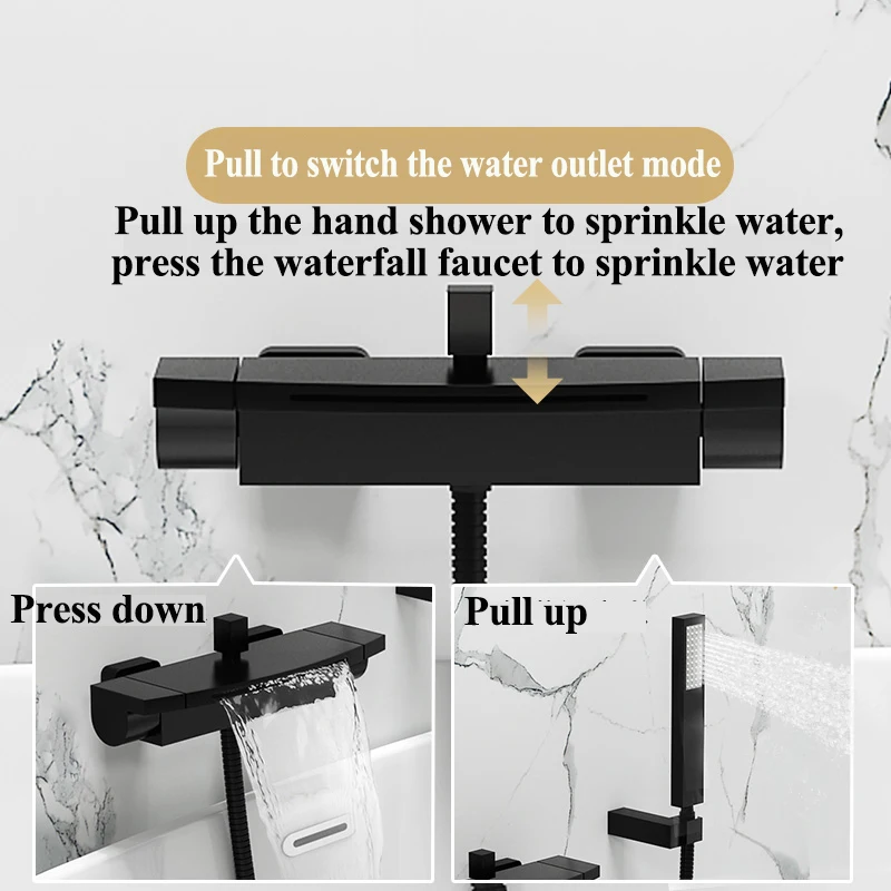 Matte Black Waterfall Spout Bathtub Faucet Hot and Cold Water Mixer Faucet Bathroom Faucets Wall-mounted Bathtub Mixers Taps 4