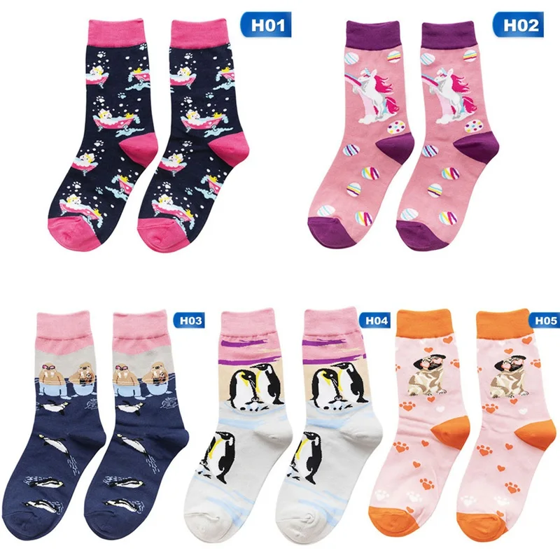 Разноцветные носки для женщин и мужчин Harajuku уличная одежда Забавные милые Мультяшные носки с единорогом, пингвином, бегемотом, пончиком в Корейском стиле для девочек