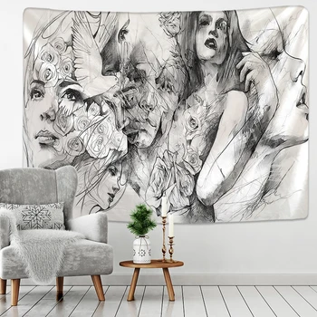 

Creative Line Draw Tapestry Wall Drawing Figure Peace Dove Pattern Abstract Home Customizable Hanging Cloth