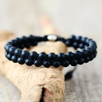 Men Bracelet Matte Onyx Black Cord Steampunk Bracelets Mens Handmade Friendship Beads Wristband Bracelets Jewelry
