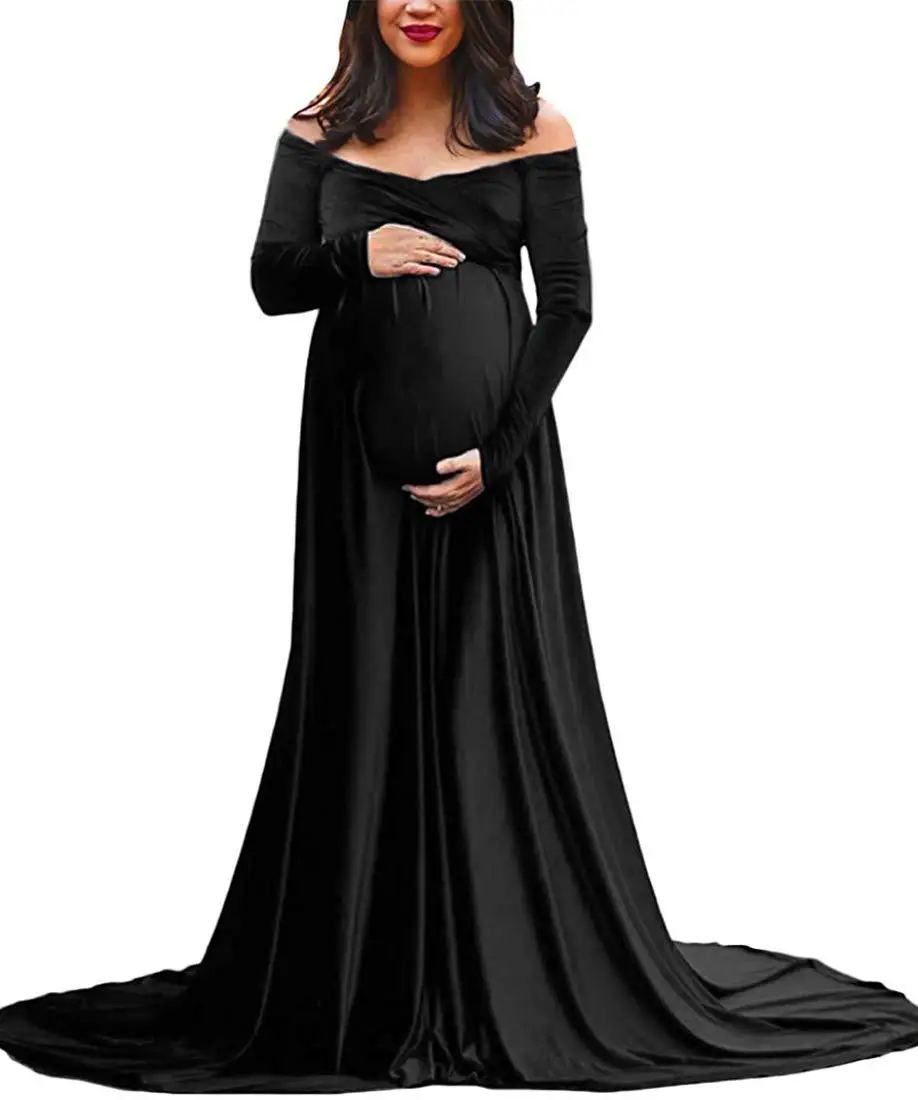 Maternity Dresses for Baby Showers Long Sleeve Pregnant Women Velvet Maxi Gown Dress Sexy V Neck Pregnancy Dress for Photo Shoot