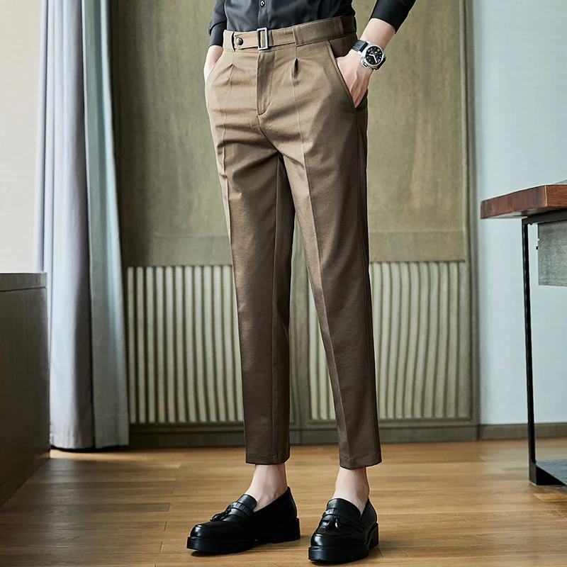 

Mens Green Suits Pants Mens Trousers with Belt Mens Casual Dress Pants Slim Fit Khaki Business Man Office Trousers Stylish 2020