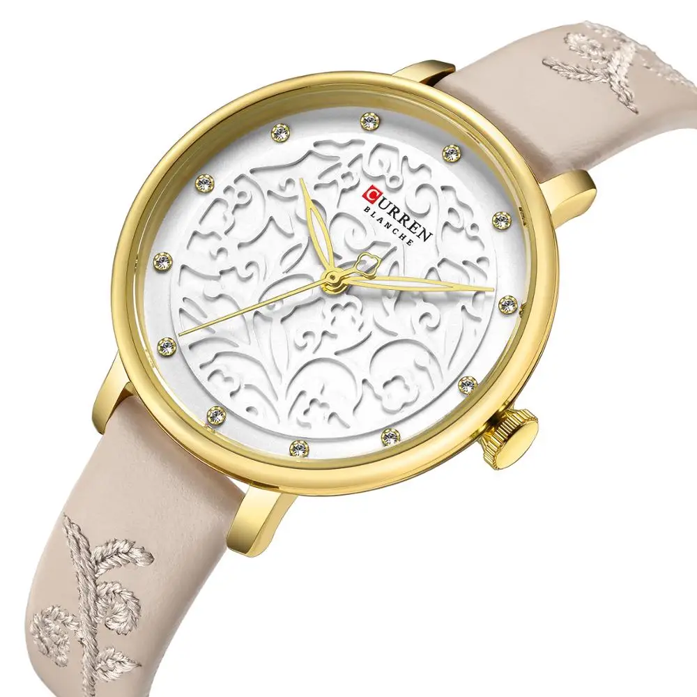 

CURREN Womens Wristwatch Leather Strap Rhinestone Pattern Design Luxury Watch Casual Quartz Watch Dames Horloges Water Resistant