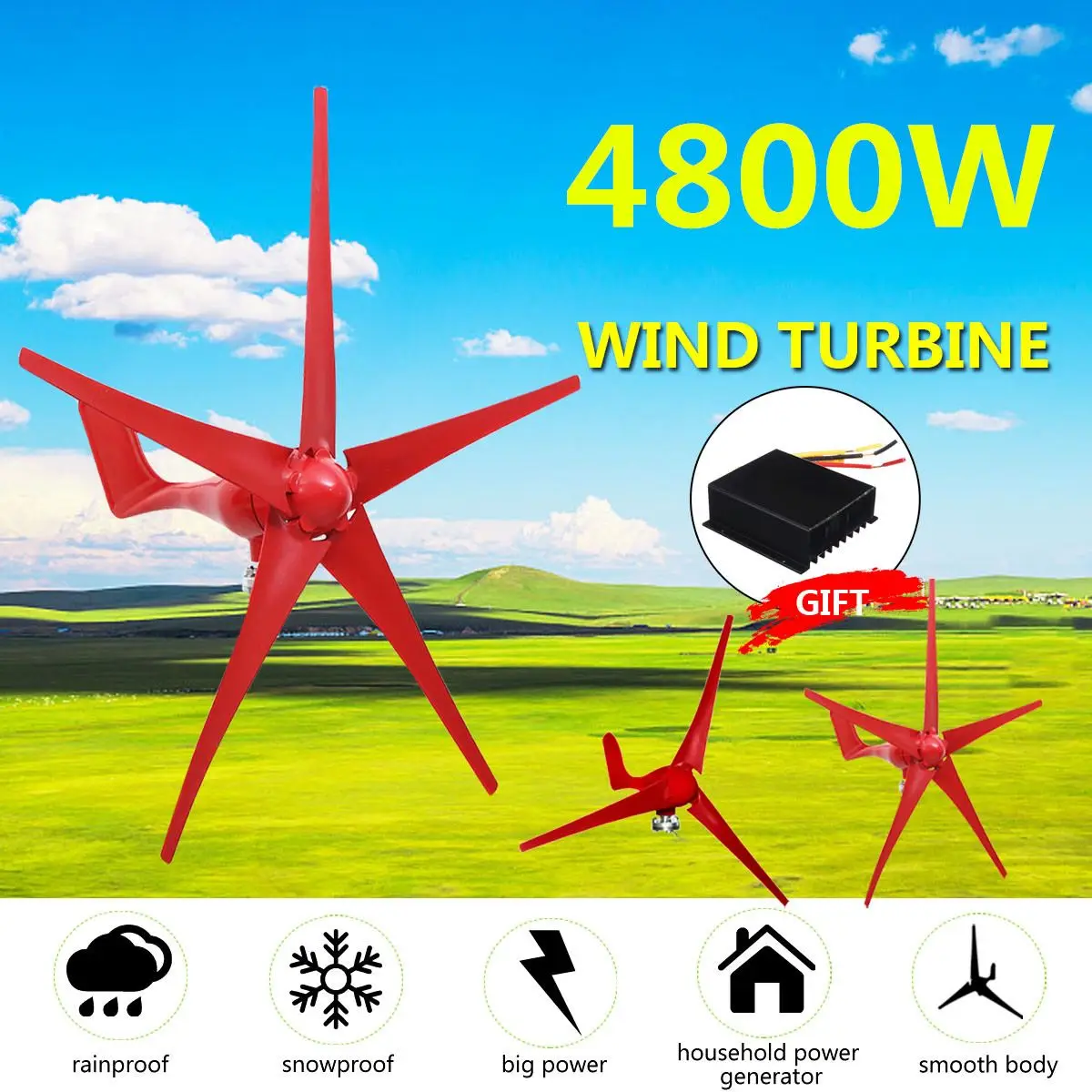

4800W 5 Blades Wind Turbines Generator 12V/24V Option With Wind Controller for Home Camping Streetlight Mounting accessorie