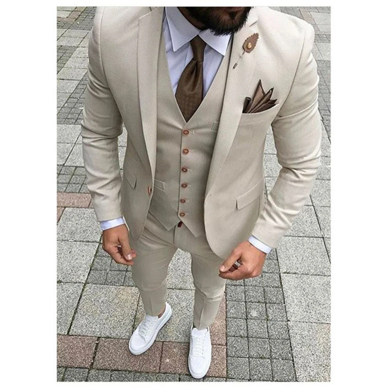 Latest Coat Pant Designs Beige Men Suit Prom Tuxedo Slim Fit 3 Piece Groom Wedding Suits For Men Blazer Terno Masuclino
