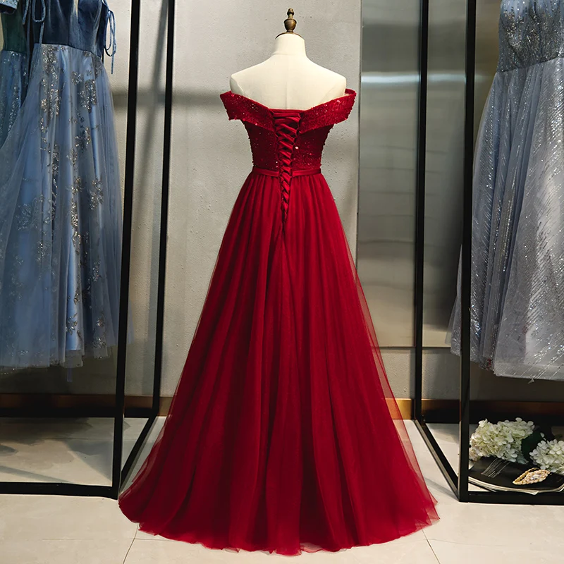 SSYFashion банкетное элегантное бордовое вечернее платье с горловиной лодочка