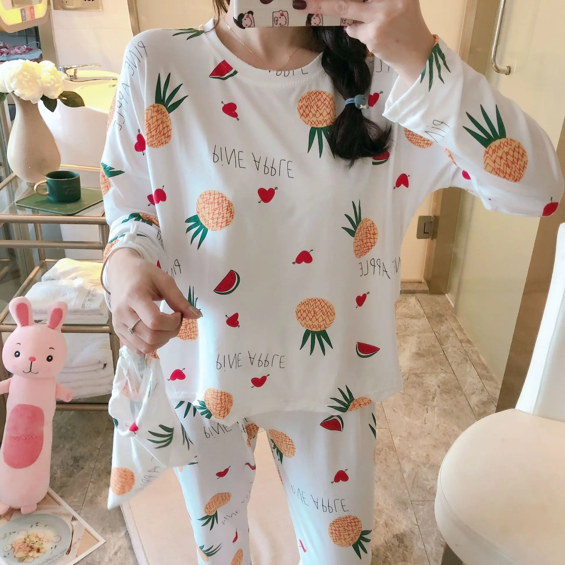 Слоновая кость ARYA женские весенние пижамы с длинным рукавом и вырезом лодочкой - Цвет: Слоновая кость