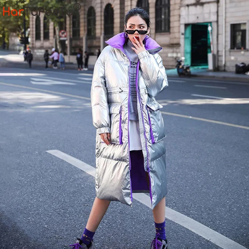 

Silver Glossy Jacket Women Winter 2020 New Long Warm Coat Colour Block Design with Big Pockets Drawstring Tunic Waist Overcoat