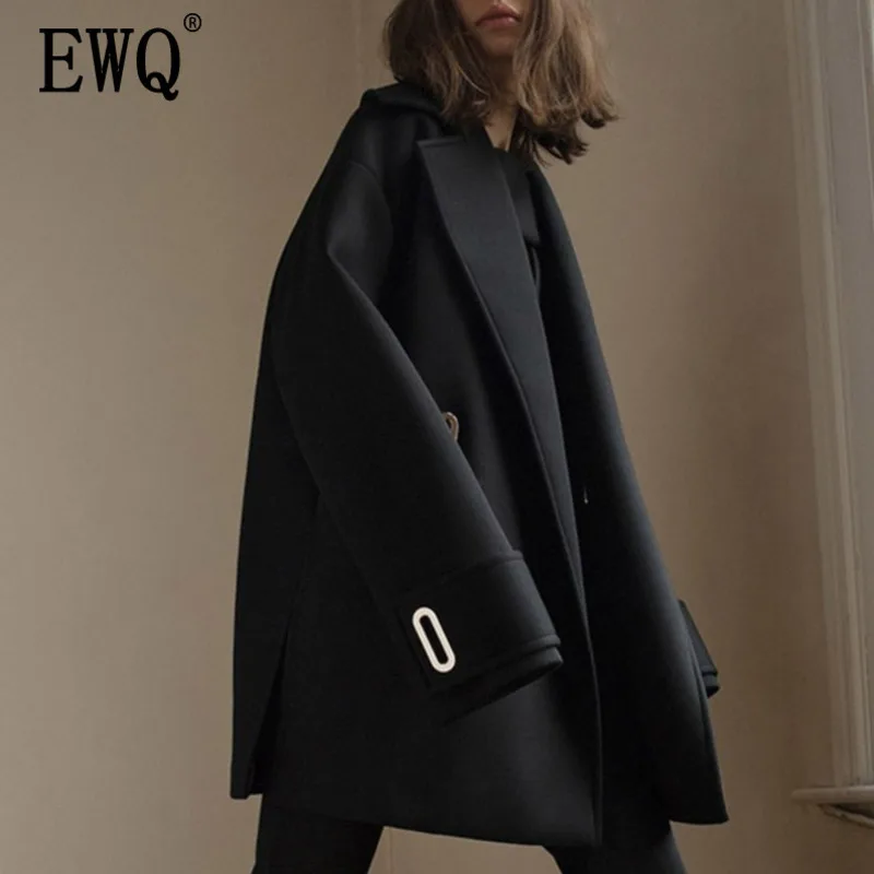 

[EWQ] New Winter 2020 Fashion Long Sleeve Turn-down Collar Solid Patchwork Pockets Lace Up Casual Woolen Coat Women AC295