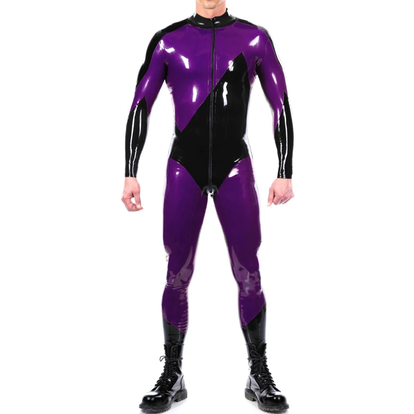 Black And Purple Sexy Latex Catsuit With Feet Socks Front To Back Crotch Zipper Rubber Bodysuit Zentai Overall LT-0289 | Тематическая