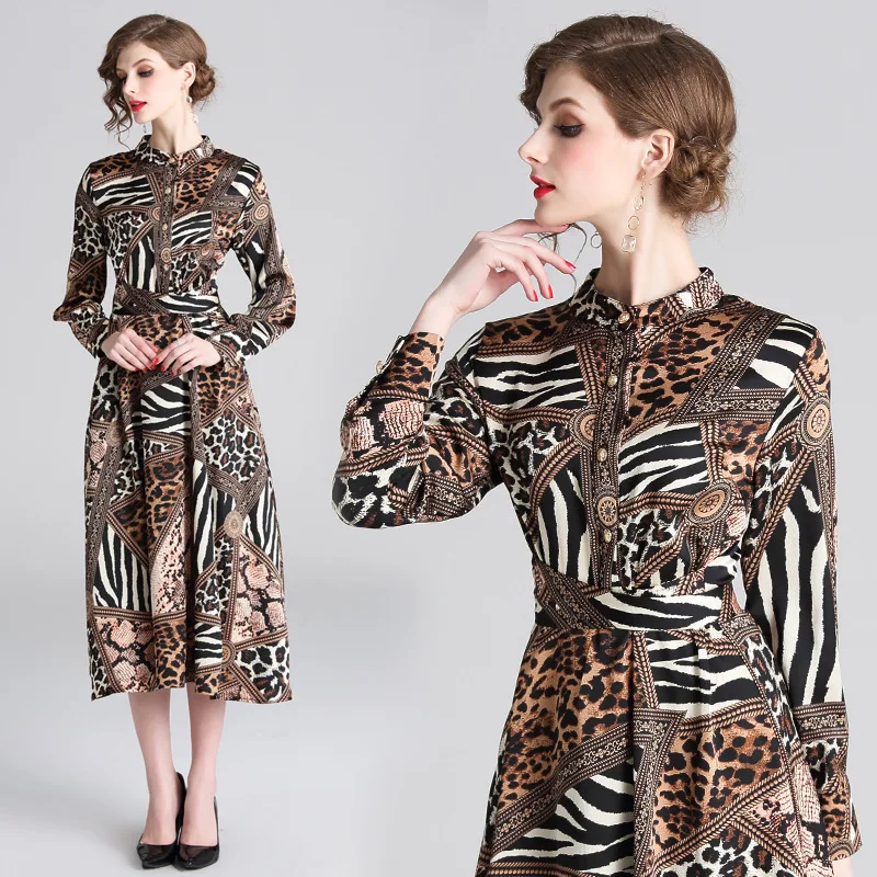 

Europe And America Women's Dress New Style 2019 Spring Floral Printed Dress Mid-length Stand Collar Waist Hugging Leopord Patter