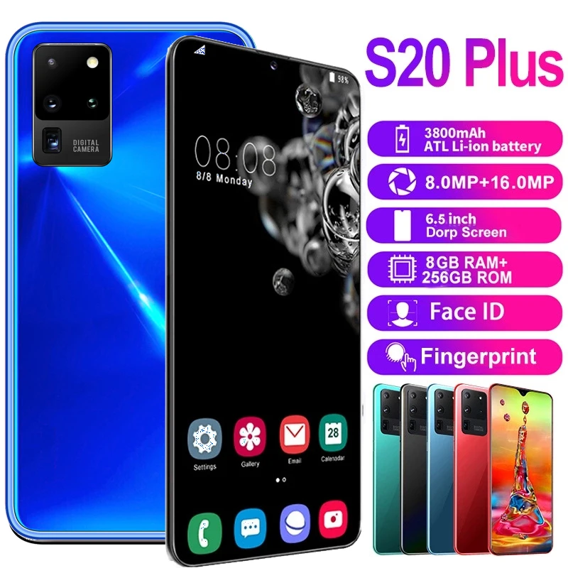 Смартфоны Android S20 Plus 8 ГБ + 128 ГБ/256 мобильные телефоны 3800 мАч распознавание лица