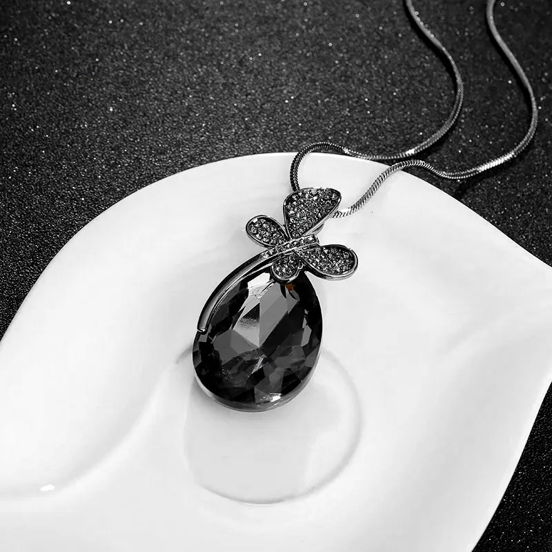 SINLEERY женское романтическое ожерелье с бабочкой из кристаллов с большой каплей кубического циркония подвеска длинная цепочка под свитер MY065 SSB