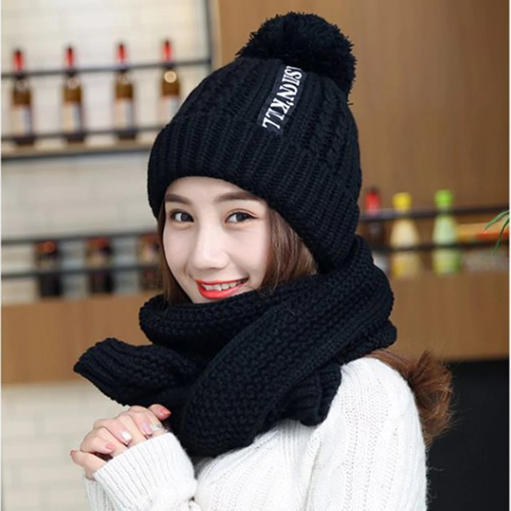 Black winter hat Горячая Распродажа, шапка бини для женщин, зимние теплые вязанные шляпы, уличная ветрозащитная Лыжная шапка и шарф, набор, утолщенные шапки бини - Цвет: Black winter hat