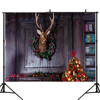 

Lyavshi Christmas photo backdrops Retro room Deer head bookcase photography background photo studio photobooth