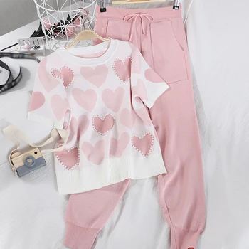 

2 Pieces New Spring Summer Women's Pants Suits Hearts Pearls Beaded Kniting Casual Tops And Knitted Pants Suit Clothing Set NS81