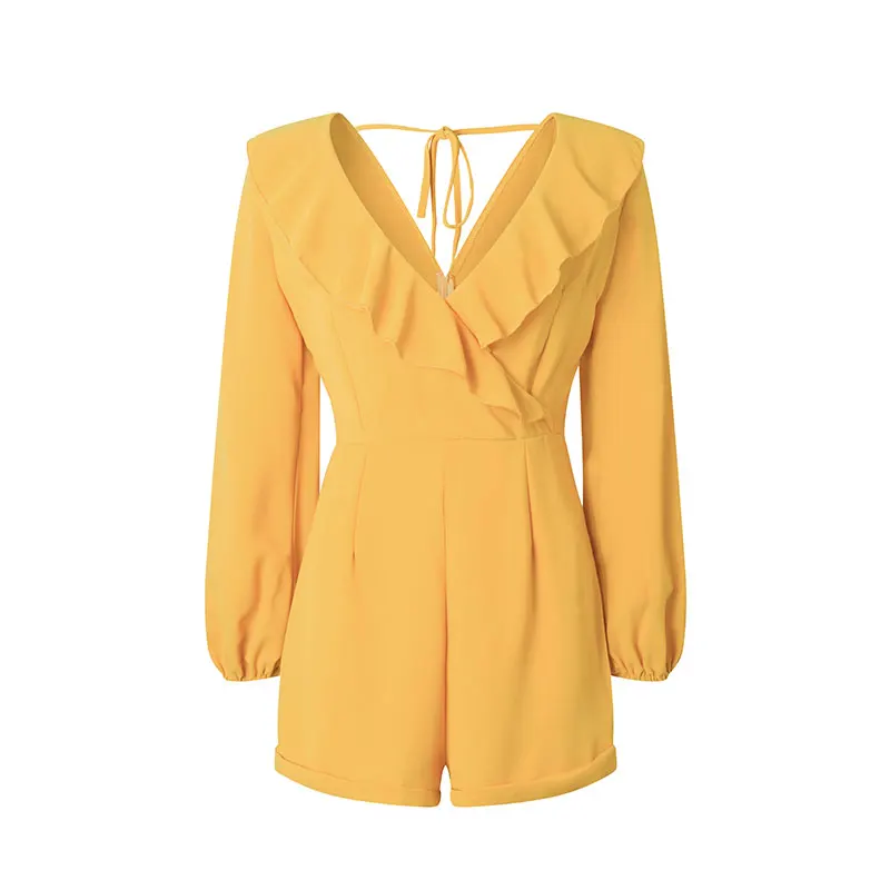 yellow playsuits JYSS осенние желтые Комбинезоны для женщин с длинным рукавом и v-образным вырезом воротник оборки украшение спинки облегающие боди на молнии Комбинезоны 50105 - Цвет: yellow playsuits
