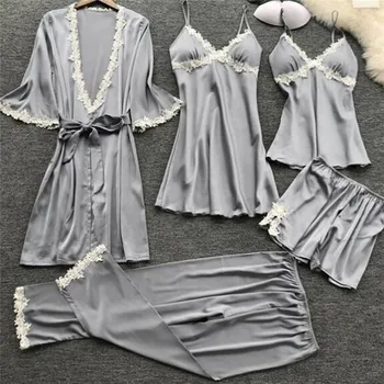 

2020 Women Satin Sleepwear Thin 5 Pieces Pyjamas Sexy Lace Pajamas Sleep Lounge Pijama Silk Night Home Clothing Pajama Suit Half