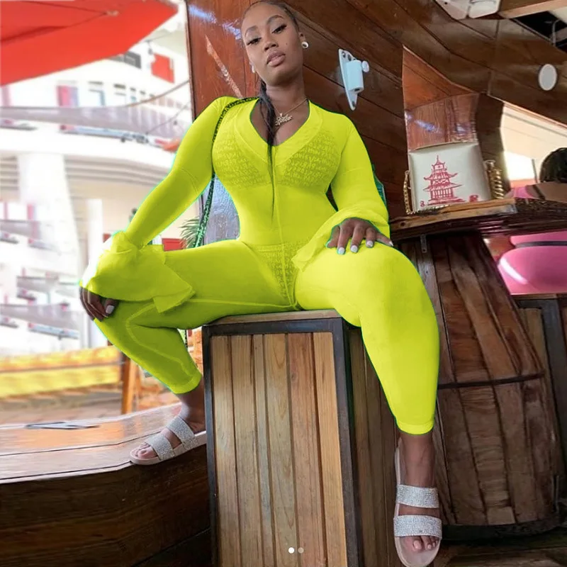 

Neon Green Pink Mesh Sheer Bodysuit Long Sleeve One Piece Bodycon Skinny Romper Deep V-neck Sexy Clubwear Outfits Full Jumpsuits