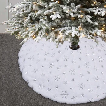 

122cm White Christmas Tree Skirt Sequin Embroidered Snowflake Round Carpet Xmas Tree Skirt Base Floor Mat Cover New Year Decor