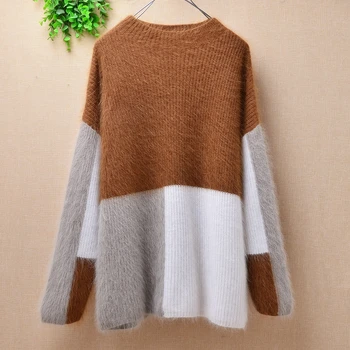 

women ladies winter pacthwork plush real mink cashmere long sleeves pullover angora rabbit fur bottoming blouses sweater