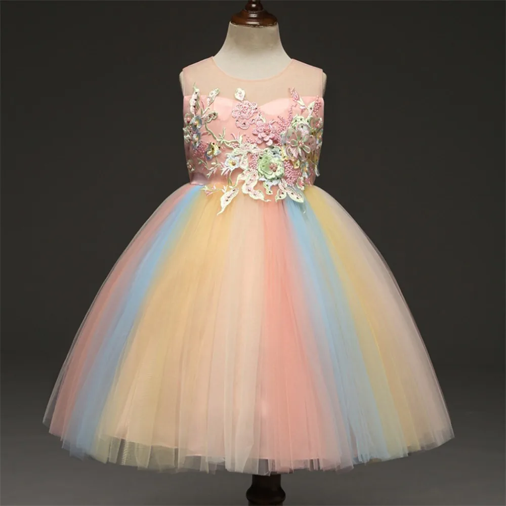 Vestidos/детское вечернее платье для ужина для девочек, Элегантное Длинное платье, Радужное платье-пачка с цветами, фатиновое платье принцессы, вечерние торжественные платья
