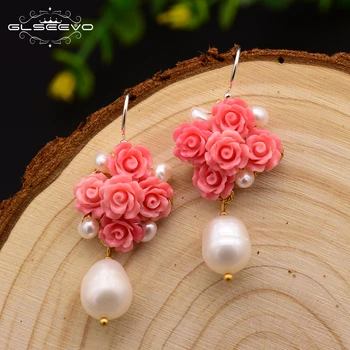 

GLSEEVO Original Red Flower Women's Dangle Earrings Natural Fresh Water Pearl Drop Earrings Luxury Handmade Jewellery GE0608