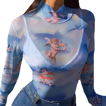 

CUHAKCI Sexy Jumpsuit Bodysuits Women Bodycon Long Sleeve Angel Print Skinny Party Body High Neck Mesh Streetwear Bodysuit