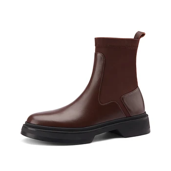 

Genuine Leather Platform Chunky Heels ankle boots Autumn Winter Shoes Woman Pumps Newest patchwork Party Basic Shoes Woman