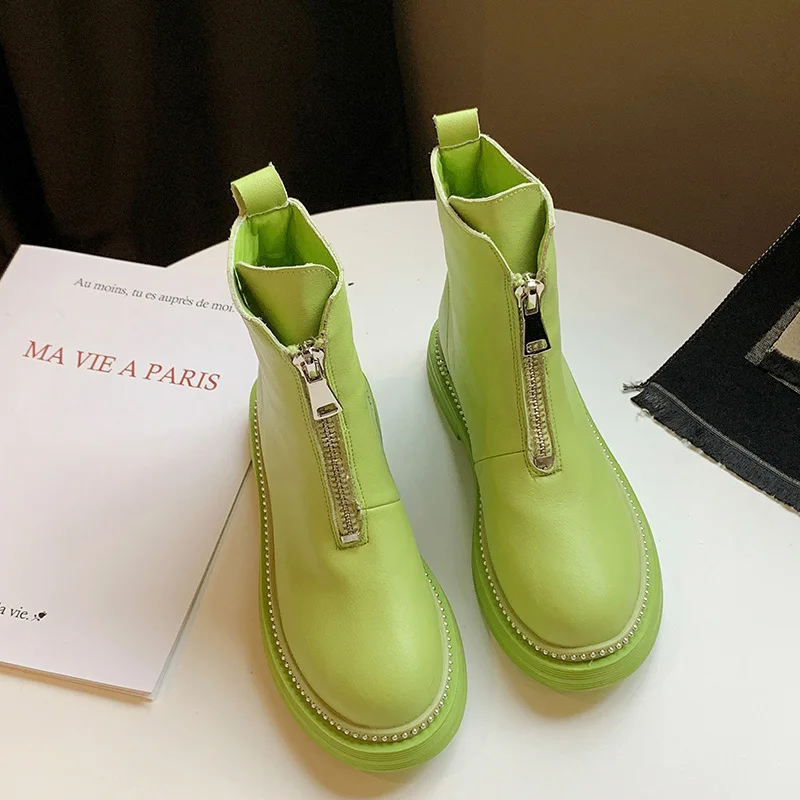 

Women Ankle Martin Boots 2019 New Fashion European Style Black Ankle Boots Flats Round Toe Zip Boots PU Leather Woman Shoes
